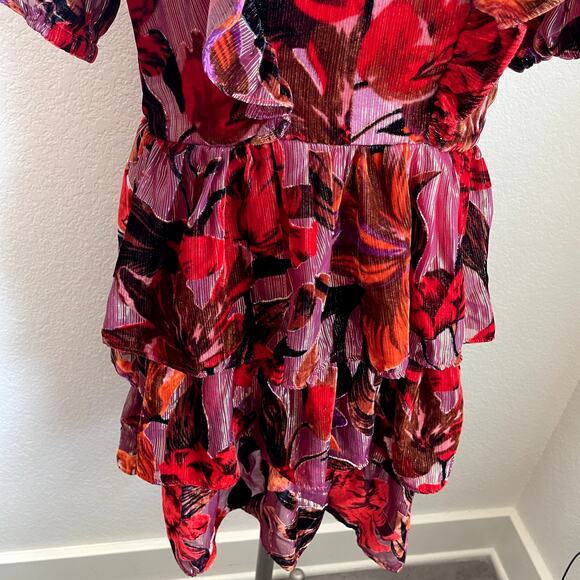 Adelyn Rae Khalia Burnout Red gold Velvet ruffle dress Mini Dress Womens Medium - Picture 5 of 12